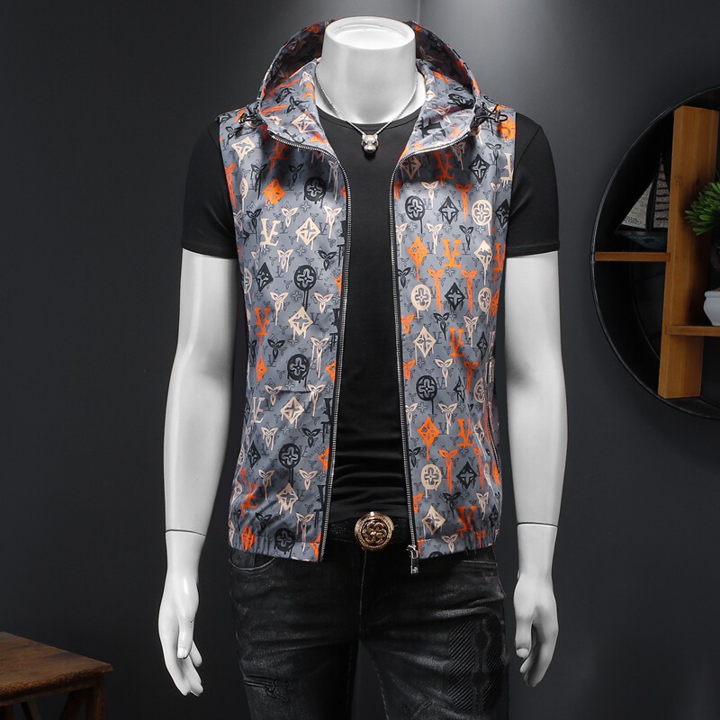 Autumn New European Station Hooded Sleeveless Vest Top 2024 Vest Jacket Slim-fit Printed Jacket for Men