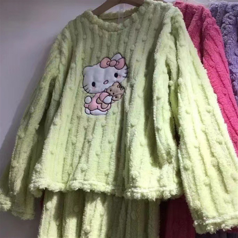卡通猫珊瑚绒睡衣女2025冬季新款加绒加厚家居服冬季保暖长袖套装|undefined