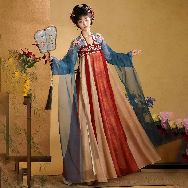 Оригинальный женский ханьфу с разорванной юбкой до груди, вышивкой в ​​стиле Тан, восстановленным стилем, сказочной повседневной одеждой весной и летом.