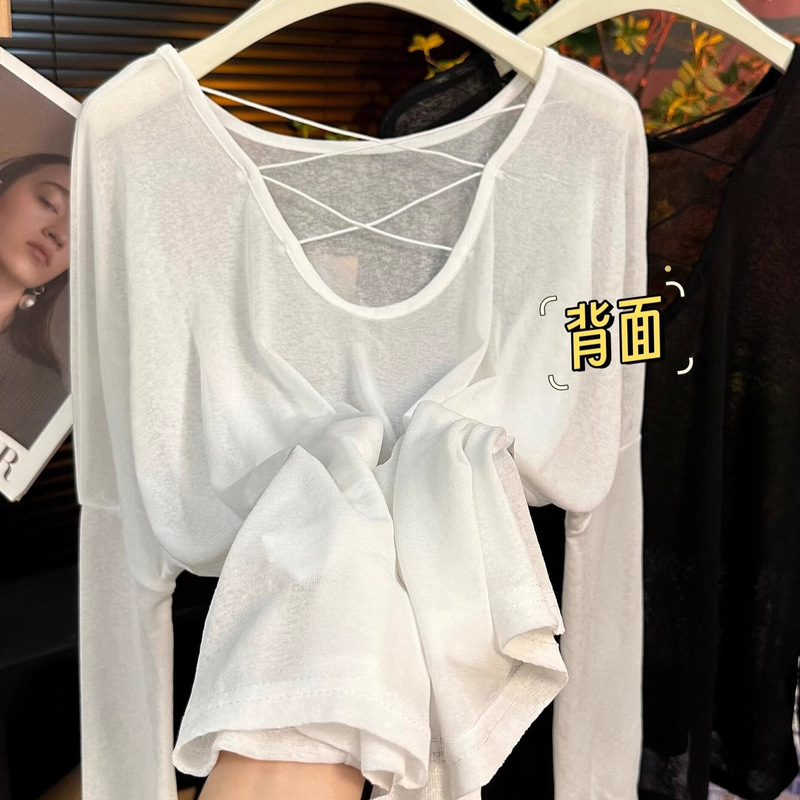 2025 Summer Backless Hollow-Out Ice Silk Sun Protection Cover-Up Loose Long-Sleeve T-Shirt Top with a Beach Vacation Design