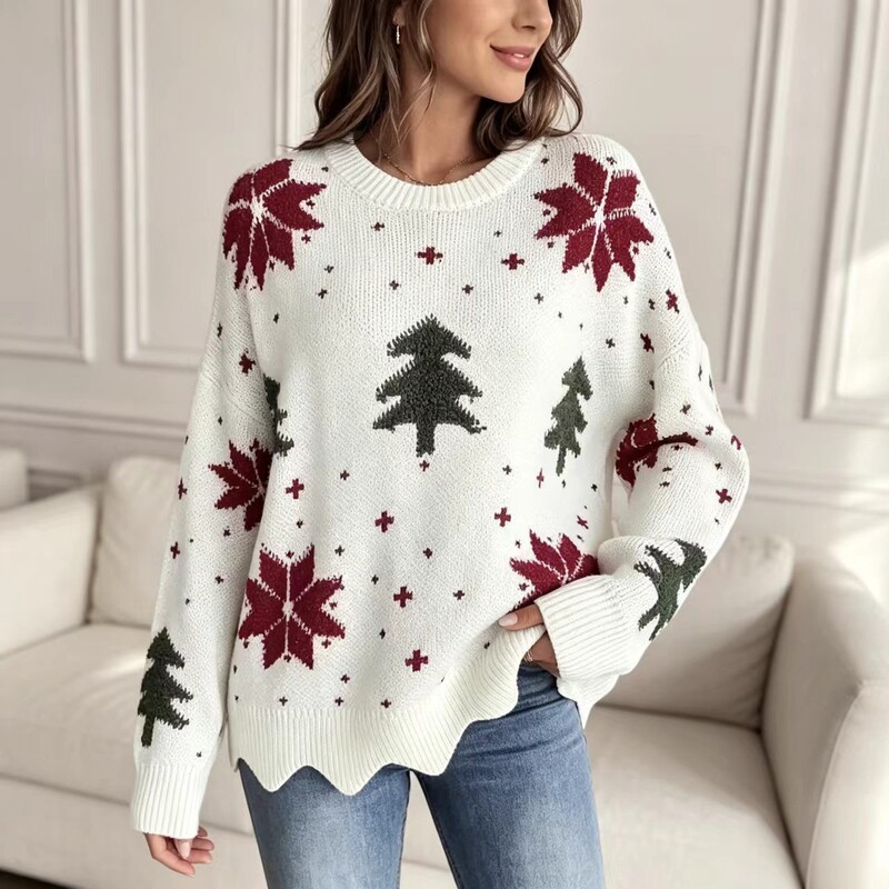 In-Stock 2026 Autumn/Winter Christmas Sweater, New European and American Cross-Border Style, Amazon Independent Site Foreign Trade Women's Round-Neck Top