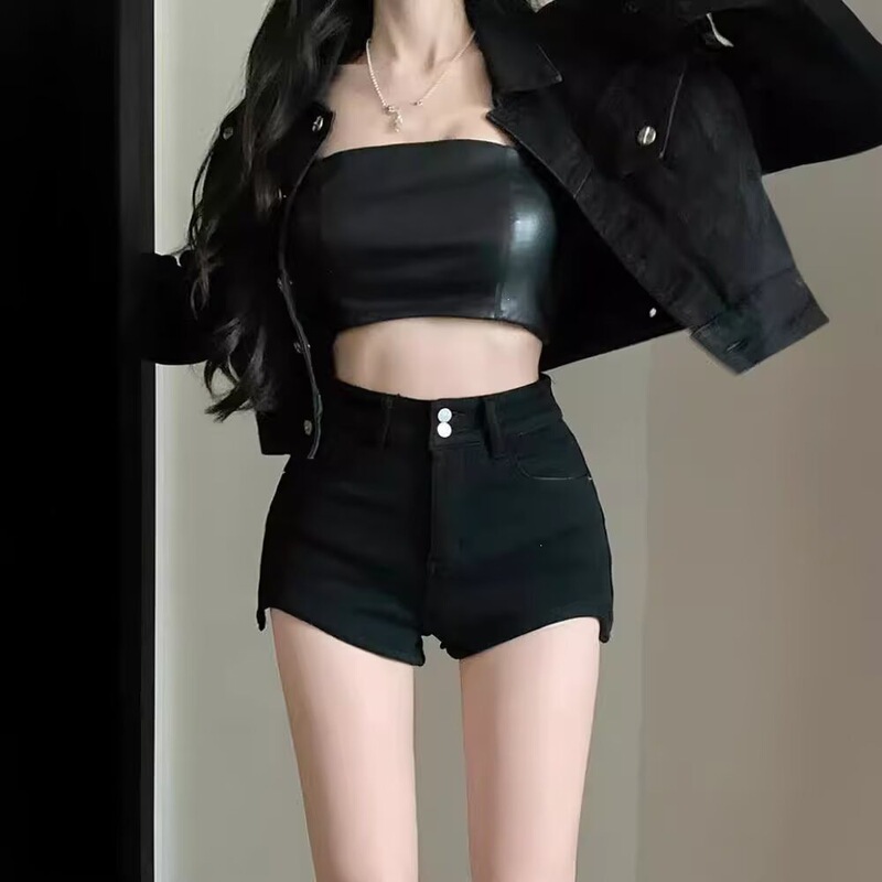 Plus-size versatile brown and black denim shorts for women, summer elastic high-waisted slimming straight-leg tight hot pants