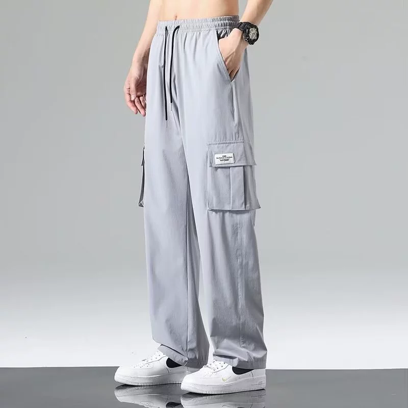 Men's summer thin sports silk casual trousers, loose straight fit
