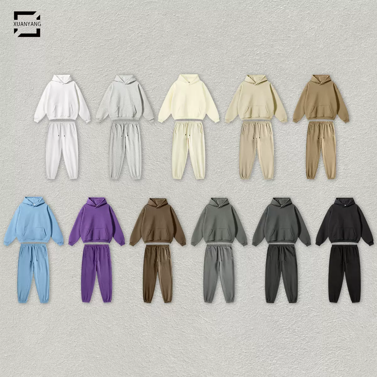 潮牌男装2025春秋基础款休闲运动束脚美式卫衣加绒纯色套装男定制