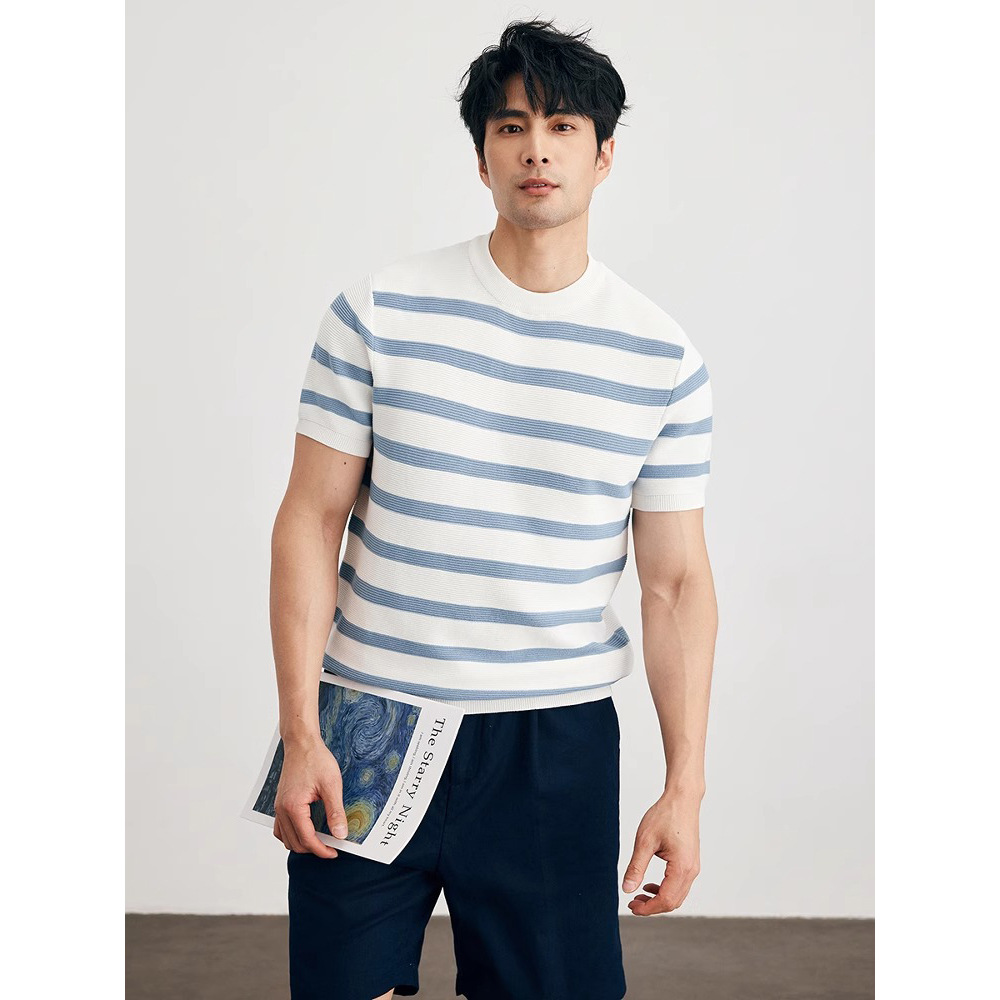 Prendas de punto de manga corta a rayas para hombres, seda de hielo de verano, traje delgado de negocios británico, camiseta interior, comercio exterior, venta al por mayor transfronteriza