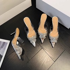 PVC透明サンダル包頭交差ドリルハイヒール24春夏新作後空浅口甘い宴会結婚式靴