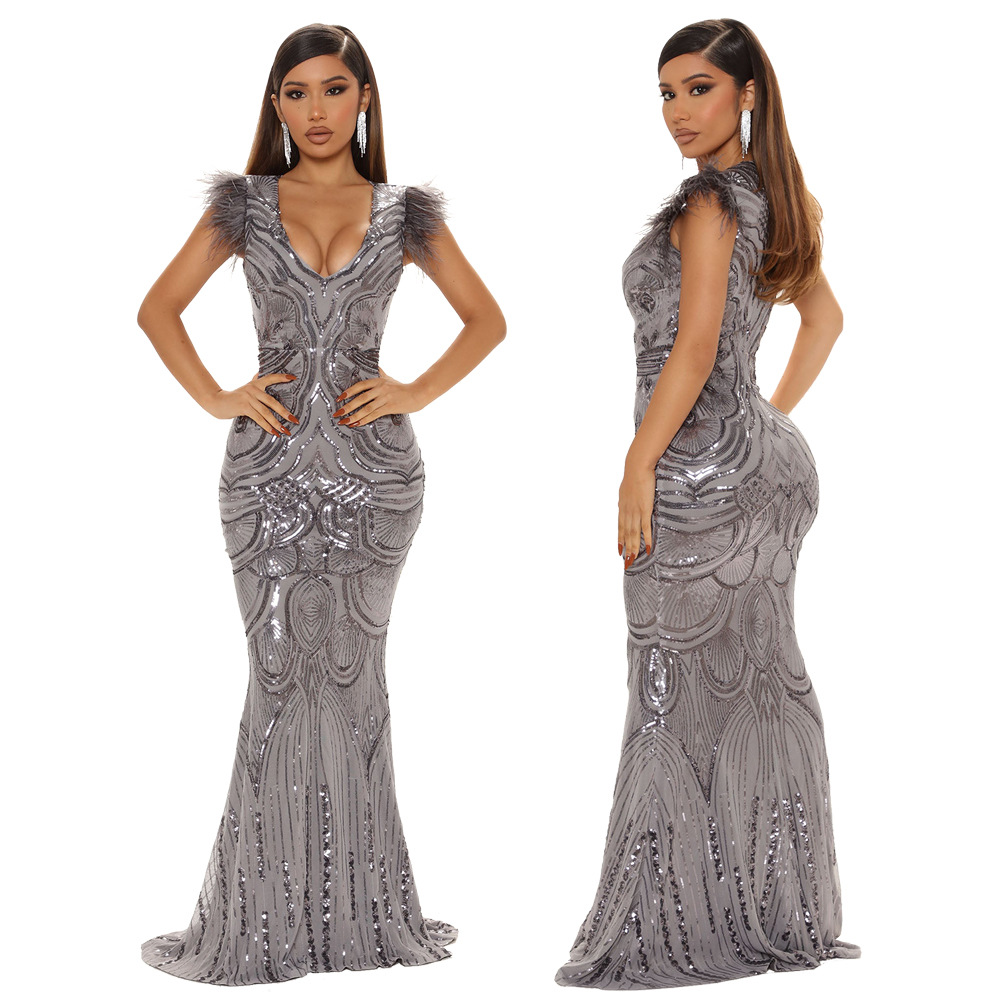 9259 European and American Amazon Fashion New Hip Dress Shoulder Feather Long Sequin Sexy Evening Dress Dress