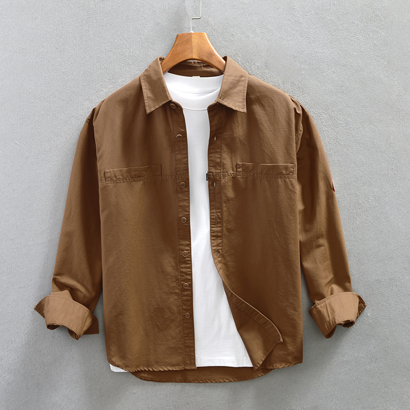 Spring and Autumn Simple Casual Solid Color Loose Long-Sleeved Shirt Men's Trendy Brand Clothing Lantern Workwear Style Handsome Jacket