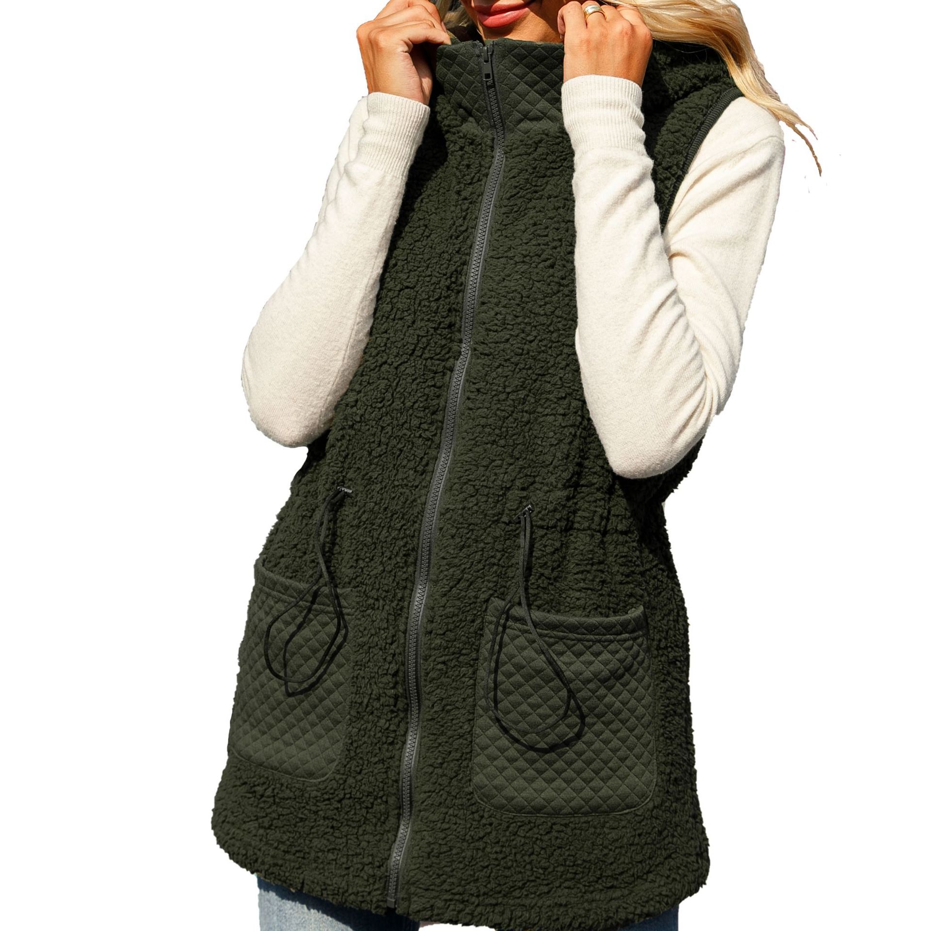 Damenbekleidung Herbst Damen Weste mit Kapuze, ärmellos, Reißverschluss, mittellang, einfarbig, verstellbare Taille, Blasensamt_voghion.com