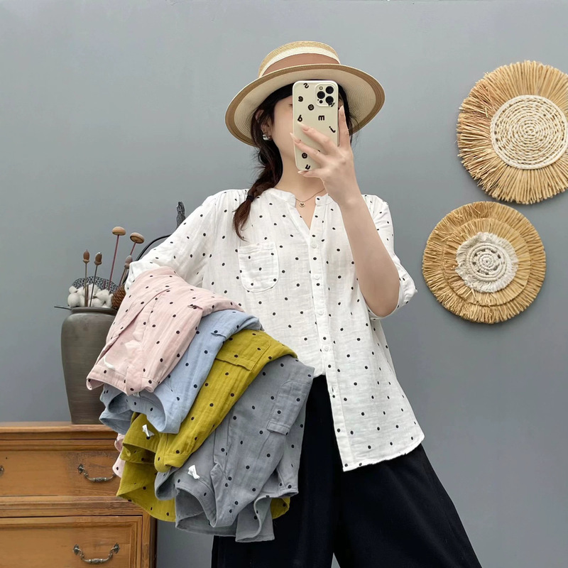 Summer Double-Layer Cotton Gauze Floral Shirt, Age-Reducing V-Neck Mid-Sleeve Shirt, Fashionable Age-Reducing Casual Top, Women's Polka Dot Top Summer Double-Layer Cotton Gauze Floral Shirt, Age-Reducing V-Neck Mid-Sleeve Shirt, Fashionable Age-Reducing Casual Top, Women's Polka Dot Top