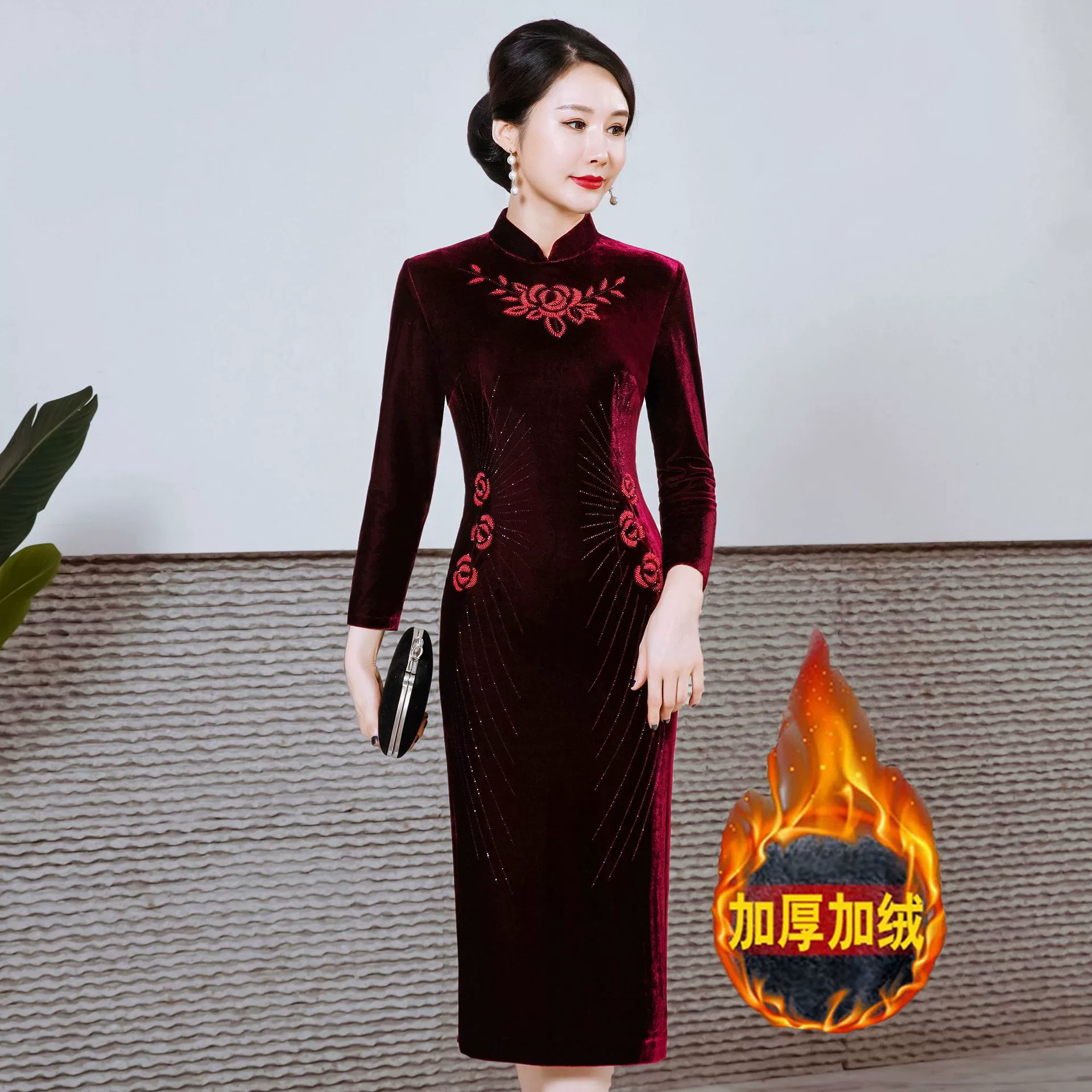 Шэньчжэнь бренд бархатный чонсам толстый осенний и зимний большой размер платья с длинными рукавами