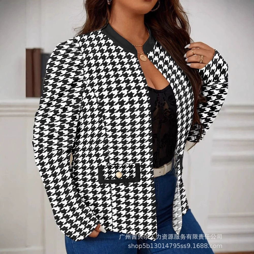 Short jacket, houndstooth pattern, plus size puff sleeves, European style, black