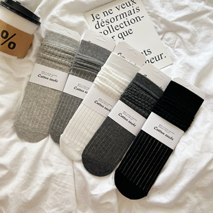 Gray solid color pile socks Korean style ins fashionable simple vertical bar socks women's mid-calf length socks summer thin stockings