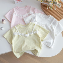 女童夏日休闲蕾丝拼接T恤2025新款百搭碎花可爱假两件短袖打底衫