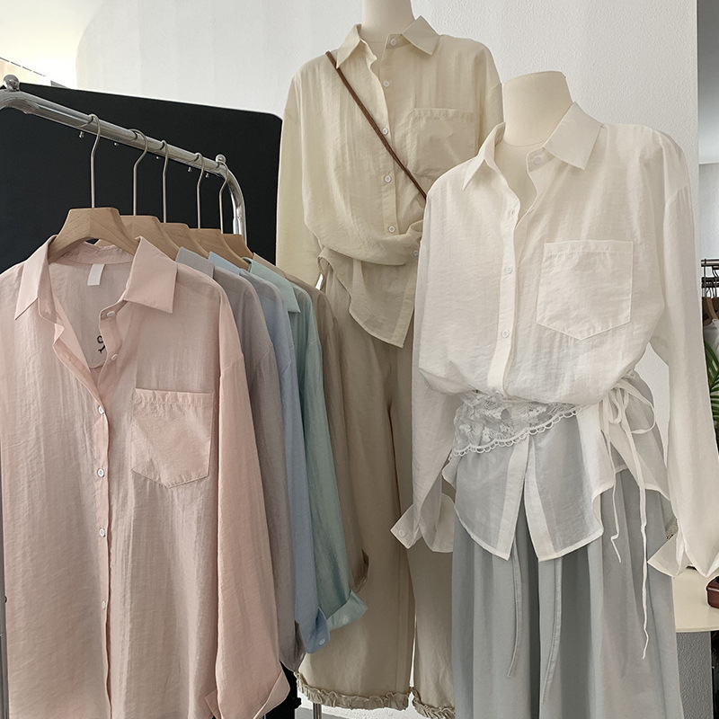 欧玛莱 翻领单排扣后背刺绣蝴蝶结长袖薄款中长款防晒衬衫女2648