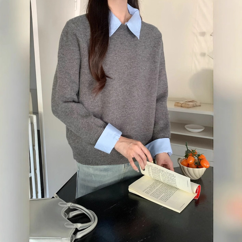 假两件衬衫领毛衣女秋装新款内搭慵懒风撞色翻领灰色针织衫上衣服|undefined