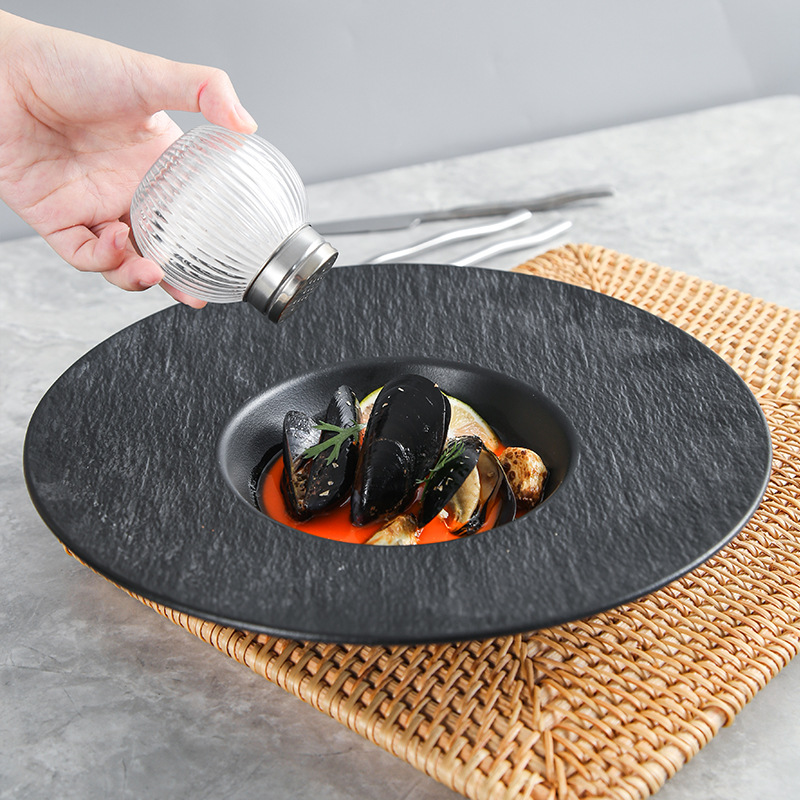 Comercio exterior Sombrero de paja de cerámica de grano de piedra transfronterizo Plato de plato Pasta Plato de comida occidental Plato de sopa de boca profunda Plato de ensalada profundo