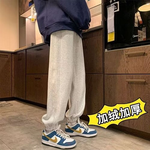 Men's winter leisure pants with plush lining and thickening, loose ankle design, large size, plain color sports and casual pants