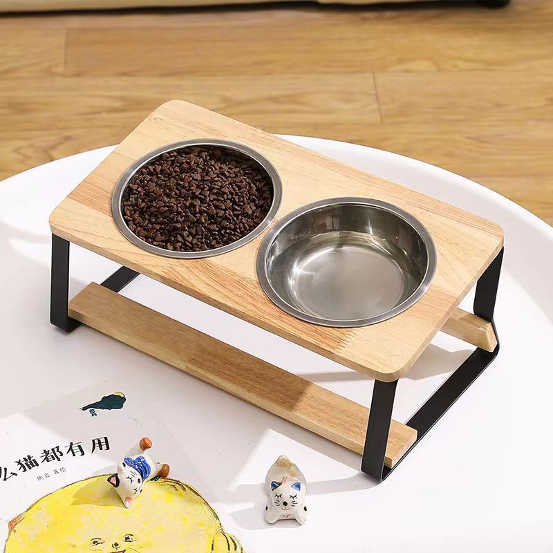 나무 고양이 밥그릇 받침대, 고양이/강아지 밥그릇 받침대, 이중 밥그릇 받침대, 철제 나무 애완동물 식기 받침대, 목 보호 기울어진 고양이 밥그릇 받침대