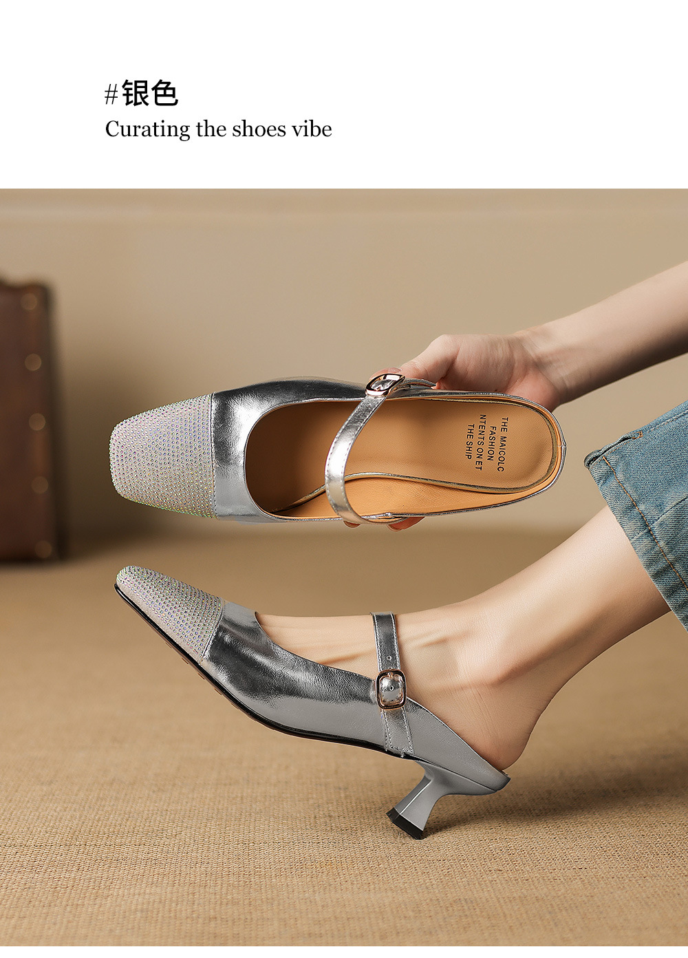 Sandal nữ mũi vuông bít mũi hở gót, gót 5 cm, phong cách tiểu hương — màu vàng chi tiết 5