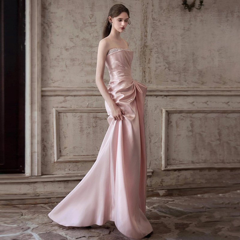 Vestido de noche francés rosa para mujeres 2026 nuevo anfitrión de reunión anual de alto nivel, vestido de novia de compromiso