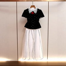 深圳南油高端女装秋季新款法式钉珠丝绒上衣网纱半身裙名媛套装女