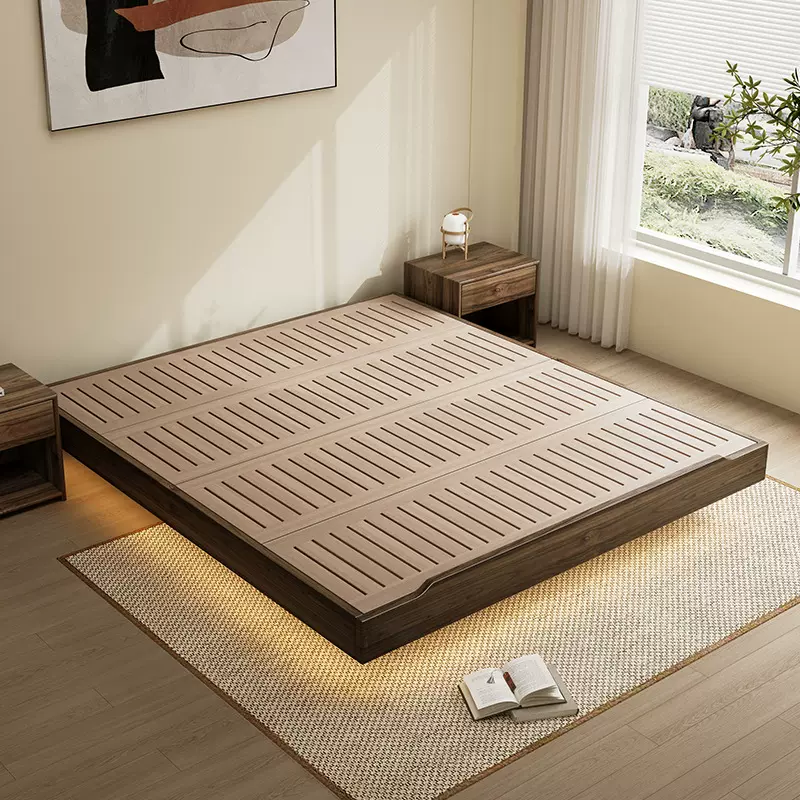 黑胡桃木色榻榻米无床头床悬浮床小户型卧室日式中古风实木地台床