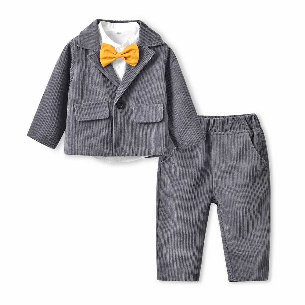New Children's Clothing Long-sleeved Corduroy Jacket Solid Color Cotton Shirt Children's Pants Three-piece Set display picture 4