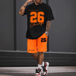 Cross-Border Men's Casual Sports Suit Printed T-Shirt and Shorts Combination Breathable Summer Outdoor Wear