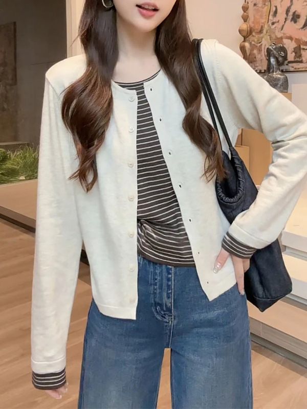 韩系拼接假两件条纹针织开衫长袖秋冬2025新款设计感减龄打底上衣|undefined