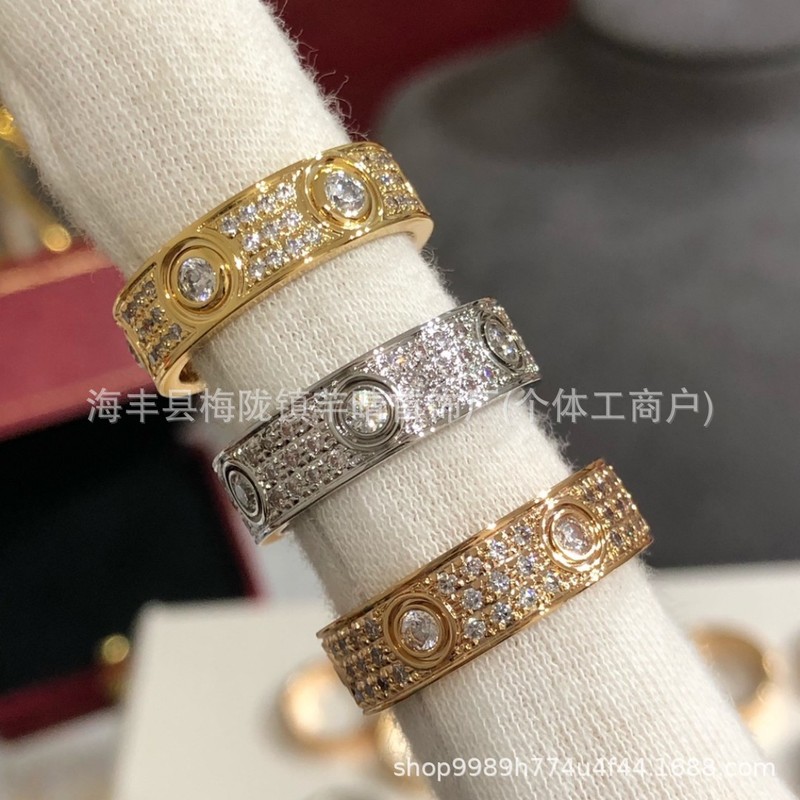 高版V金镀18K金卡家经典LOVE戒指轻奢窄版宽版单钻三钻满天星指环|undefined