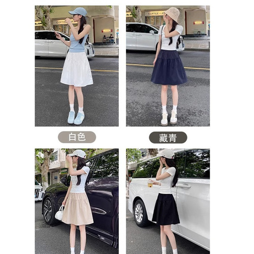 Women's Summer New College Style Loose Solid Color A-Line Five-Foot Skirt with High-Waist Splicing and Versatile Design