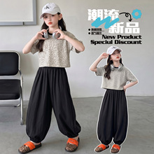 夏季女童套装2026新款休闲女孩韩系中大童豹纹短袖搭配灯笼裤套装