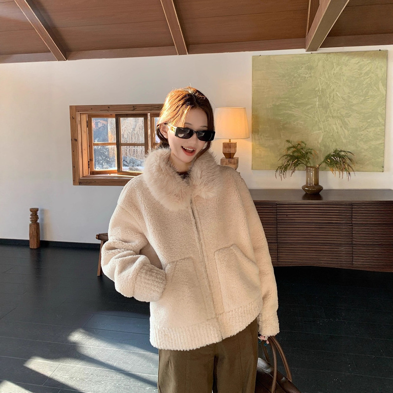 Retro Fur Collar Imitation Lamb Wool Long-Sleeved Jacket for Women 2025 Autumn and Winter New Warm Fur One-Piece Jacket Top