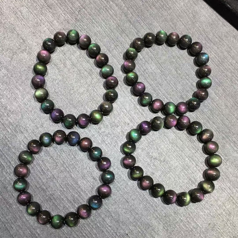 天然7A双眼彩虹黑曜石手链红蓝绿光黑耀石水晶单圈手串绿眼紫眼|undefined
