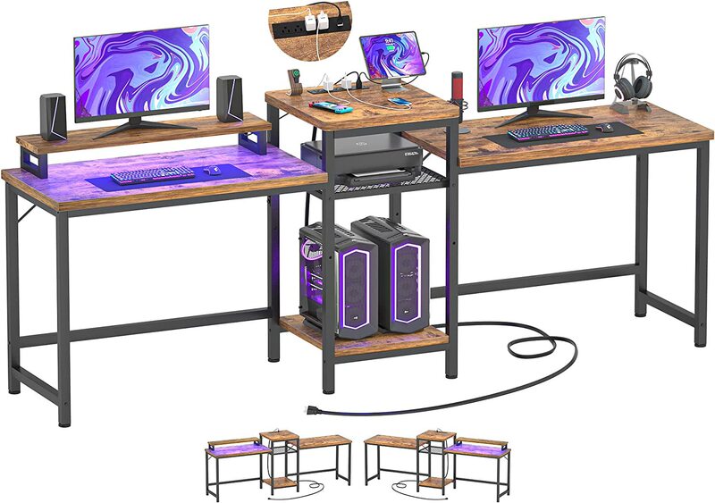Ergonomic computer desk with LED light bar and power socket