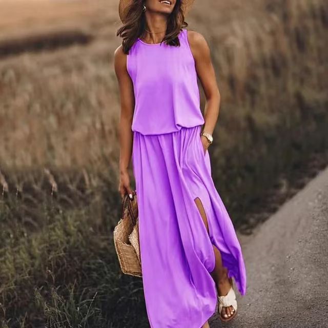 2026 Summer European And American Cross-Border New Vacation Style Solid Color Round Neck Sleeveless Lantern Split Hem_ecoleips.com