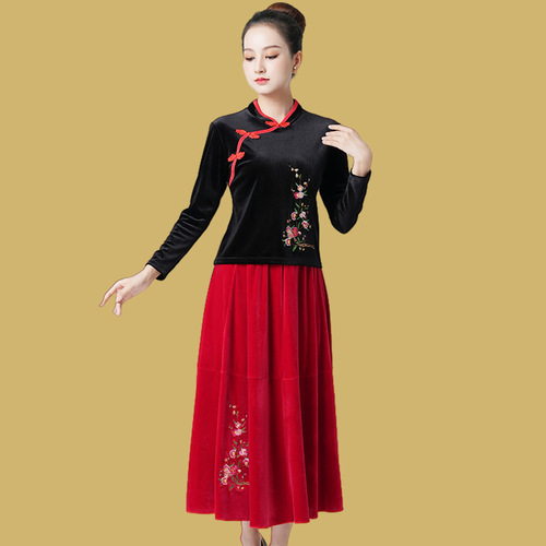 GT9216 Velvet Long-Sleeve Embroidered Square Dance Costume Set for Middle-Aged and Older Women - Autumn/Winter Dance Wear