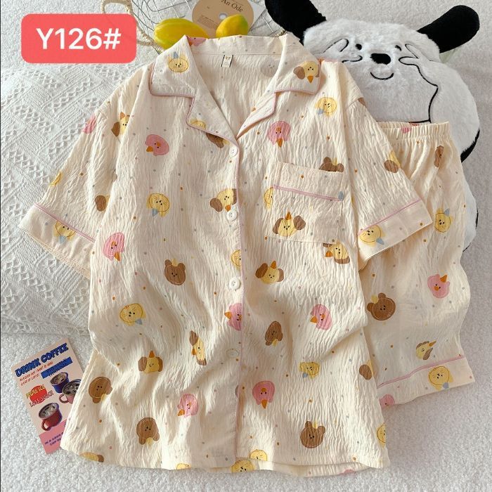 Pijamas de algodón de nube al por mayor transfronterizo para mujer nueva rebeca de verano solapa pantalones cortos de manga corta traje de servicio a domicilio dulce y lindo