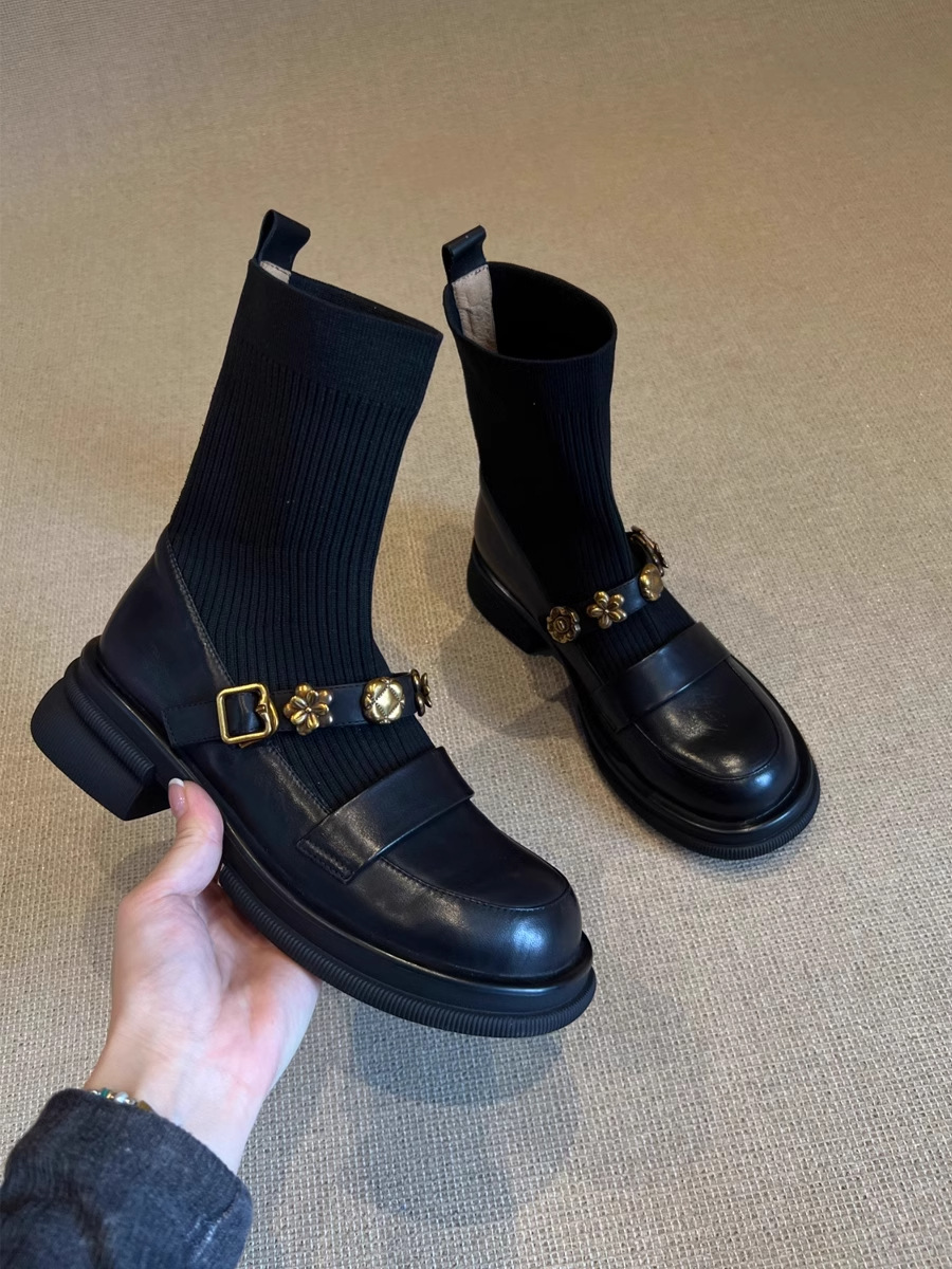 Stivaletti in maglia elasticizzata con tacco grosso – Stivaletti retrò da infilare con cinturino con fibbia e plateau spesso per donna_voghion.com