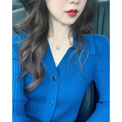 克莱因蓝翻领针织开衫女秋冬洋气修身内搭打底毛衣设计感小众上衣