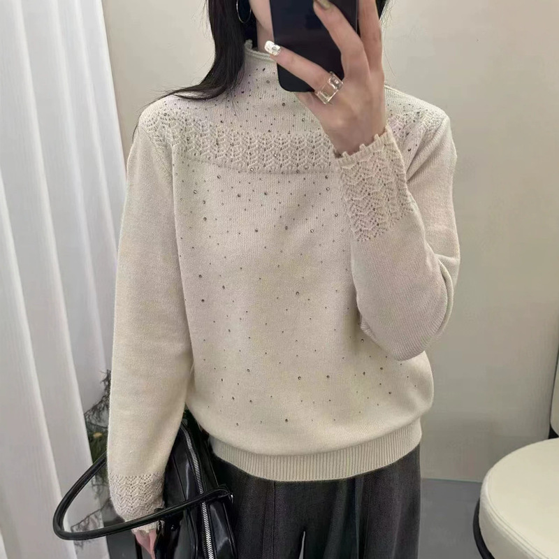 Cross-border thick rhinestone half-high-neck sweater with a three-dimensional embossed design, perfect for autumn and winter workwear, a refined and shimmering base layer Cross-border thick rhinestone half-high-neck sweater with a three-dimensional embossed design, perfect for autumn and winter workwear, a refined and shimmering base layer