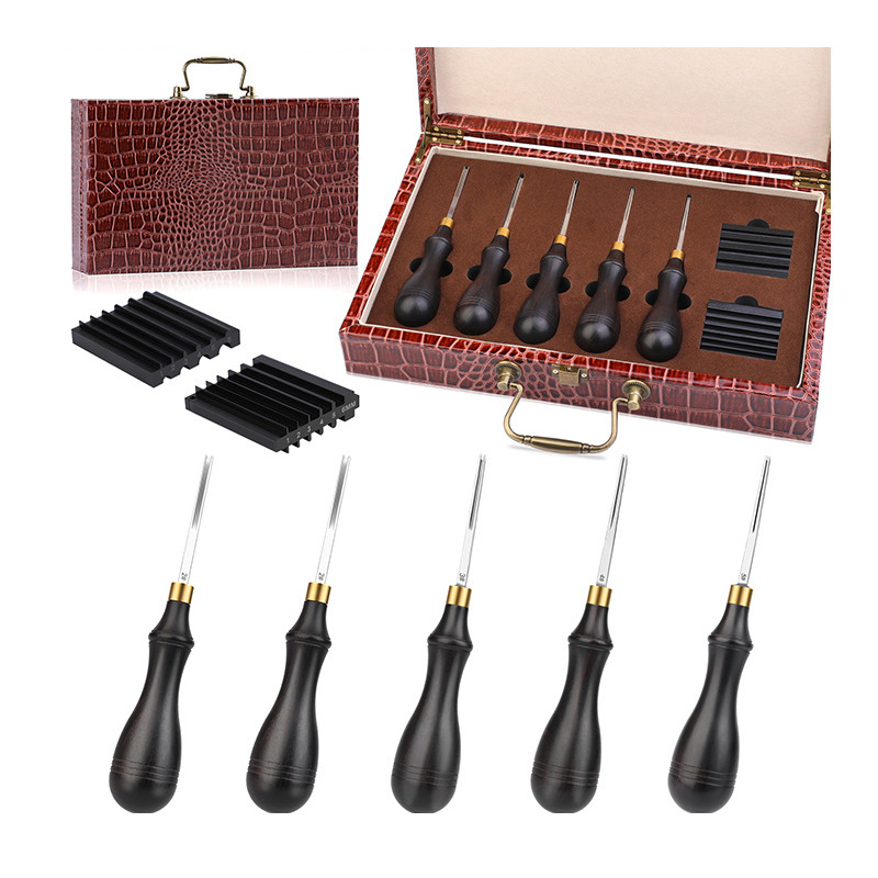 1#-5#木柄削边器5个组合 手工DIY真皮植鞣皮修边器 工具箱收纳