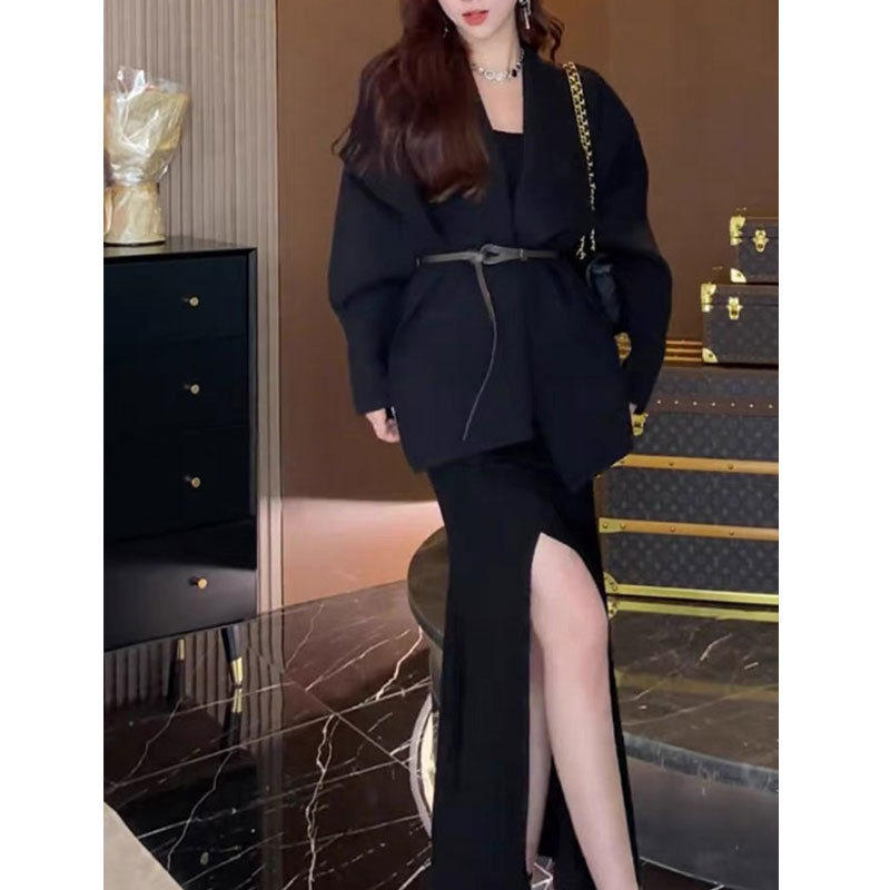 气质翻领中长款针织开衫女秋季皮带收腰别致黑色长袖毛衣外套上衣|undefined