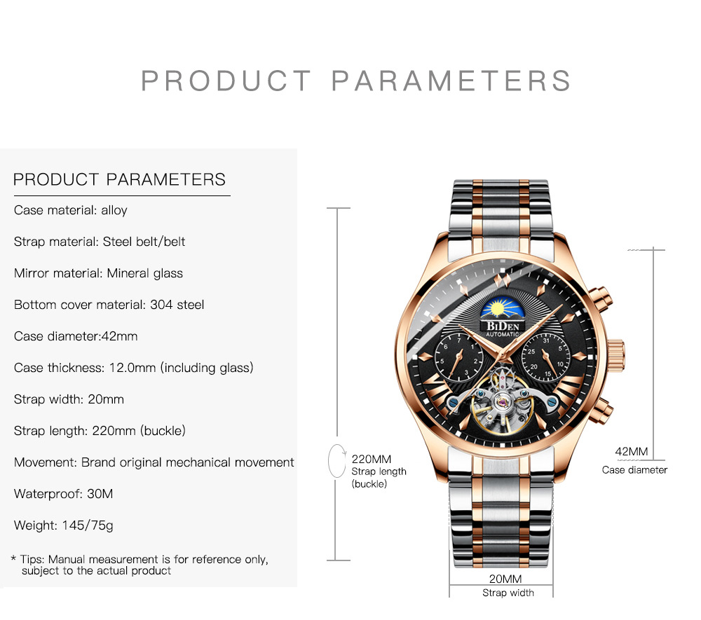 Biden Men's Mechanical Watch Multifunctional Sun Moon Star Luminous_voghion.com