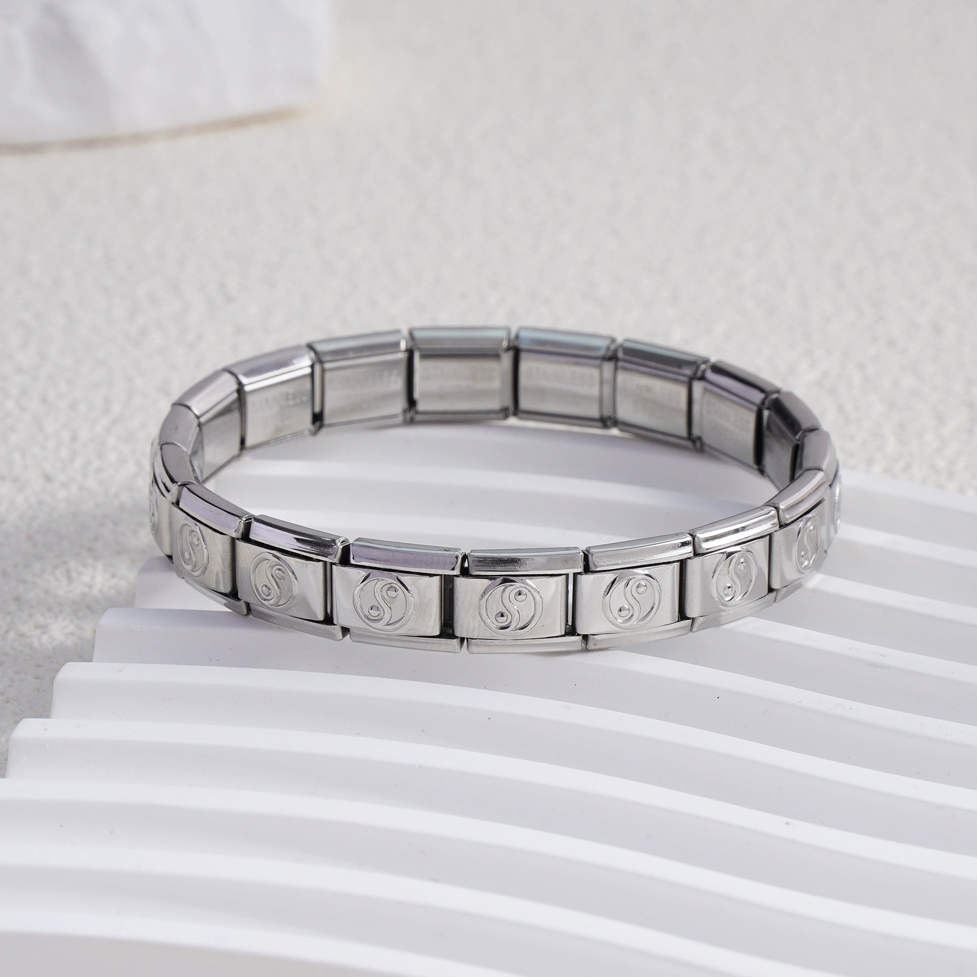stainless steel bracelet, removable elastic link watch strap, italian european style, assorted charms