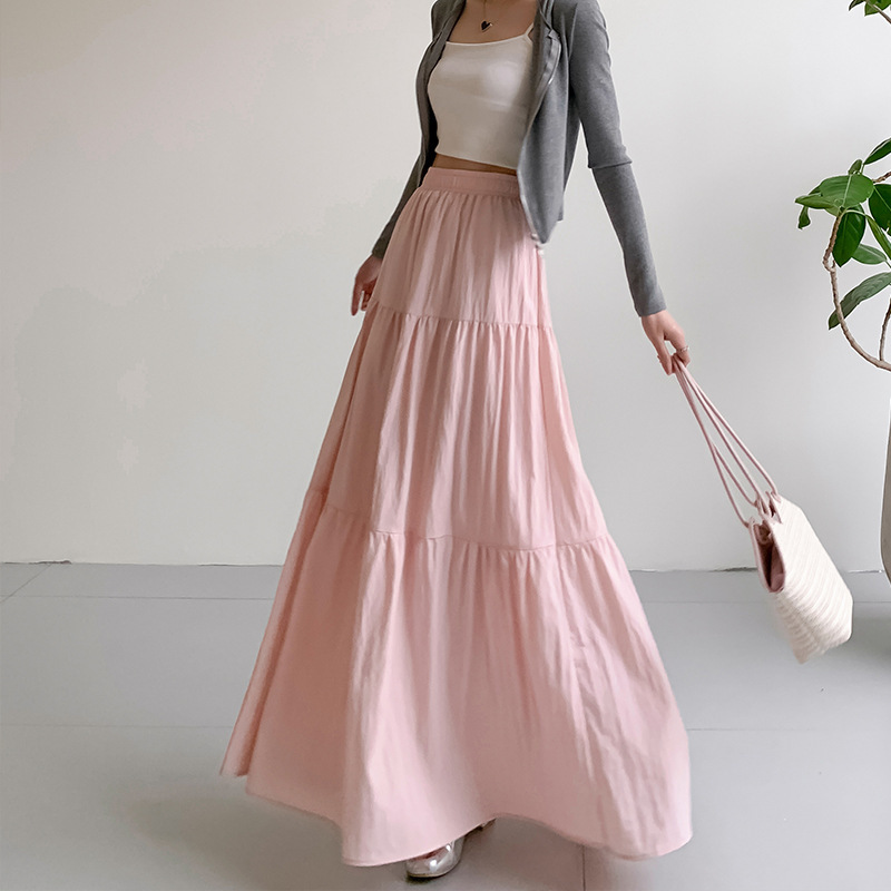 Hot-selling elastic waist long cake skirt women's spring and summer big swing A- line skirt high waist pleated long skirt