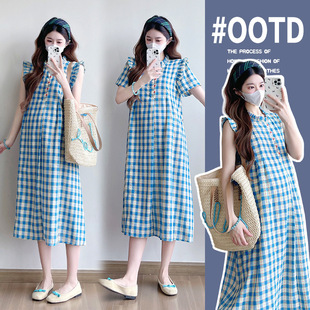 2025 New Pregnant Women Short Sleeve/Sleeveless Fashion Lotus Leaf Collar Plaid Skirt Elegant Temperament Maternity Dresses