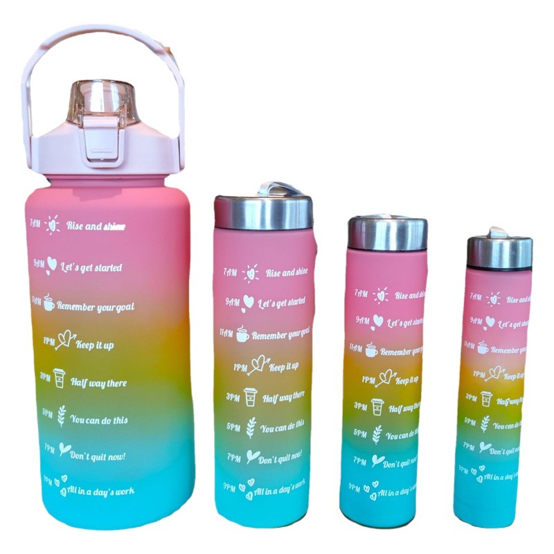 Taza de agua esmerilada de color degradado de cuatro piezas Taza de espacio de cuerda portátil Botella de agua deportiva Taza de paja de rebote de gran capacidad