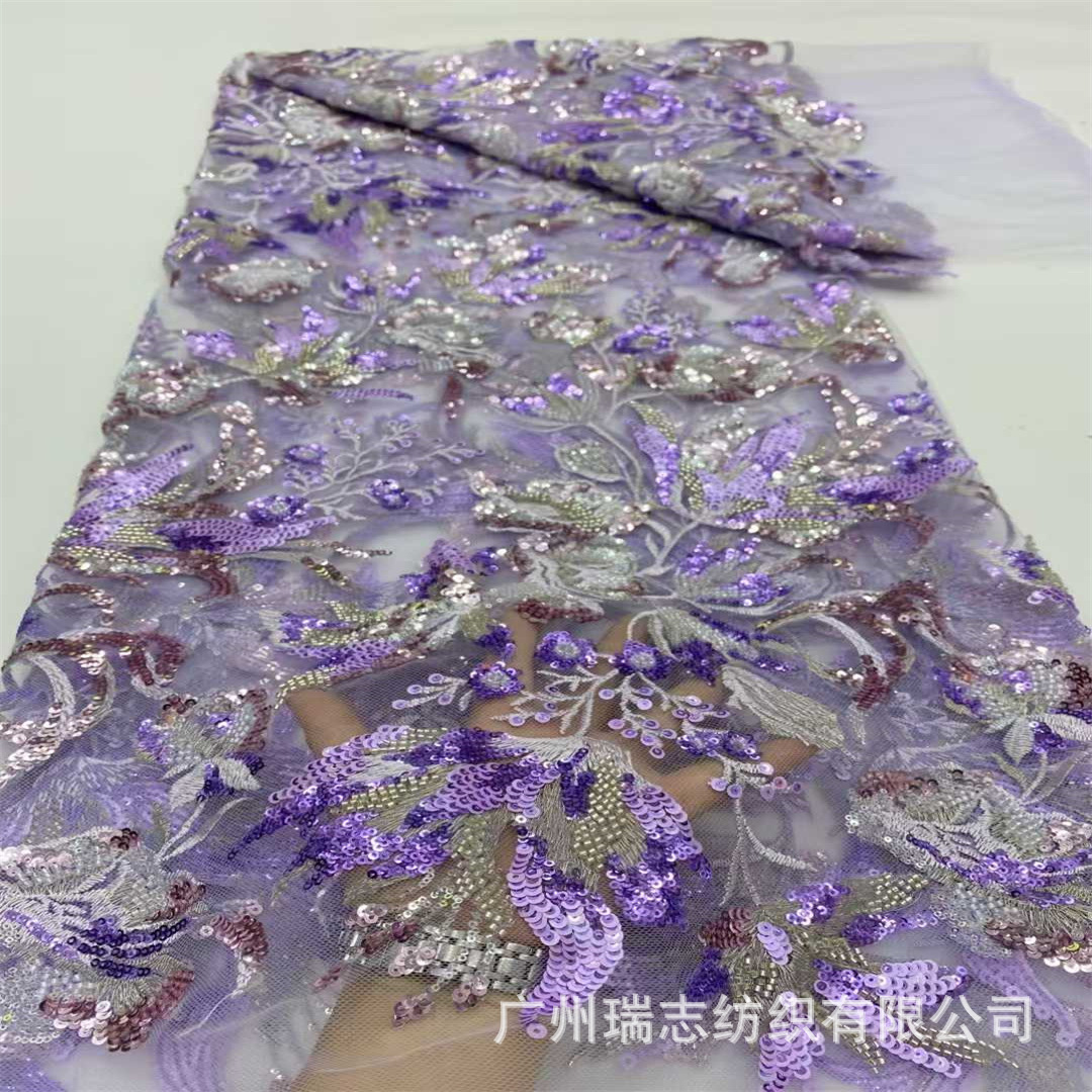 现货植物花型串珠刺绣叠片亮片婚纱蕾丝欧美鱼尾连衣裙晚礼服面料
